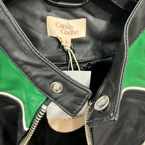 Camila Coelho Cropped Moto Biker Leather Jacket in Green & Black - Picture 5 of 9